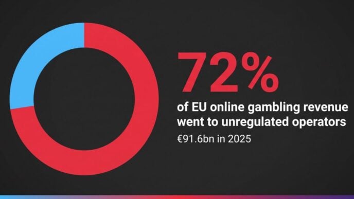 Donut chart showing unregulated operators took 72% of EU online gambling revenue in 2025